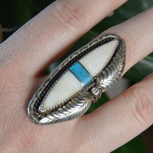 Vintage Navajo Sterling, Turquoise & Mother of Pearl Inlay Ring, Size 7.75
